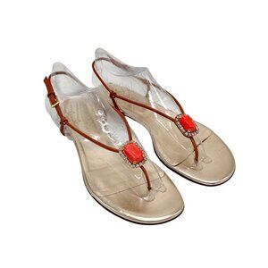 VTG Valentino Gold Thong Flat Sandals Sz.10 Coral Rhinestones Boho Designer